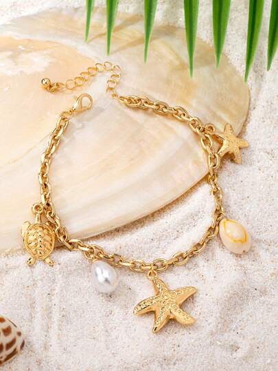 1pc Starfish, Sea Turtle, Shell & Bear Anklet, Suitable For Women's Daily And Beach Vacation Wear