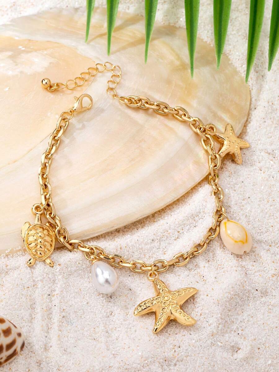 1pc Starfish, Sea Turtle, Shell & Bear Anklet, Suitable For Women's Daily And Beach Vacation Wear - Gold - View 1