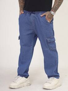 Men's Marbled Cargo Jeans, Wide Leg, Side Pocket, Streetwear - 中等水洗藍 - 查看 6