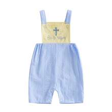 Easter Baby Boy Clothes He Is Risen Cross Embroidery Romper Striped Sleeveless Jumpsuit Overalls One Piece Outfit - gừng - Xem 8