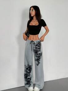 Gothic Style Graffiti Skeleton Print Drawstring Waist Pants - Grey - View 6