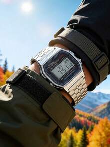 Casio Retro Silber Quadrat Ziffern Uhr Unisex, Y2K Stil Edelstahl Digital Uhr mit LED Licht, klassisches neutrales Modeaccessoire geeignet für den Alltag, Schule, Zusammenkünfte - Schwarz - Übersicht 2