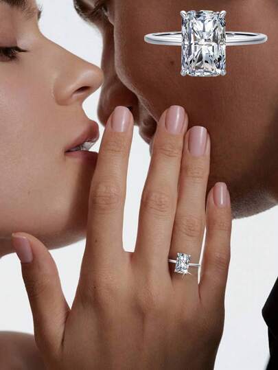 1pc 925 Sterling Silver Square Cut Ring, Suitable For Women. Oval Lightweight Cubic Zirconia Jewelry, Suitable As A Gift.