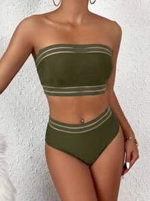 Bộ bikini hai mảnh cạp cao, phối lưới tương phản màu đen trơn, thích hợp cho kỳ nghỉ hè ở bãi biển. - xanh quân đội - Xem 2