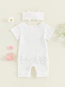 Conjunto de 2 piezas para bebé niña: pelele de cuello redondo, manga corta, estampado de letras, tejido acanalado y diadema con lazo. - Blanco - Ver 7