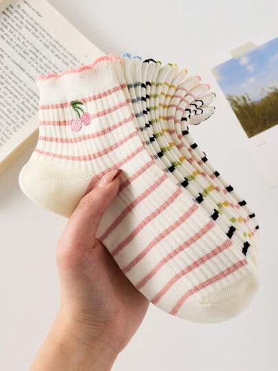 5双装樱桃条纹图案时尚女士短袜，舒适透气防滑白色袜子，适合春夏穿着