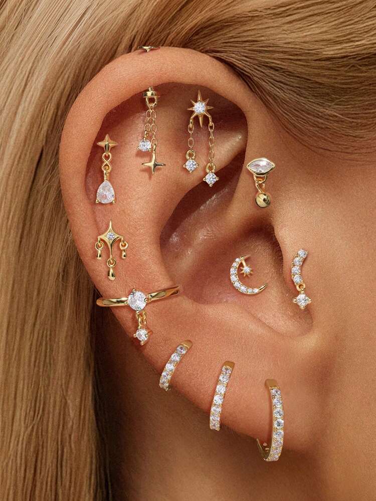 1件925纯银浪漫星月立方氧化锆耳钉，平底耳骨耳廓穿孔，低过敏性纯银材质，适合女性日常佩戴、婚礼、派对和宴会等场合。 - 金色 - 查看 1