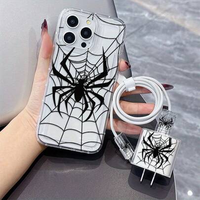 5pcs Set Including: 1pc Black Spider Web Pattern Airbag Transparent Phone Case, 1pc Charger Protector, 1pc Data Cable Strap, 2pcs Data Cable Protectors