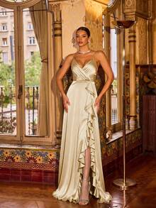 Faeriesty Đầm dạ hội trang trọng thanh lịch dành cho nữ, thiết kế dây mảnh, trang trí bèo nhún, xẻ tà cao, dáng ôm sát, phù hợp cho các bữa tối trang trọng, dạ tiệc sang trọng, đám cưới, sự kiện thảm đỏ và các bữa tiệc cao cấp mùa xuân. - Màu be - Xem 4