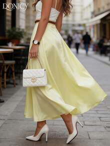 Women's Solid Gray High Waist Pleated A-Line Skirt, Business Formal Work Outfit, Suitable For Spring & Autumn - Yellow - View 2