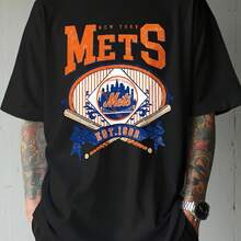 New York Mets Baseball Logo T - Shirt, Black Crew Neck With Bold Orange 'METS' & 'NEW YORK' Text, EST. 1962 City Skyline & Bats Graphic, Casual Soft Tee For Fans - Perfect For Baseball Enthusiasts & Game Day Wear-100% Cotton Vintage Black Graphic Tees Men Casual Summer Tops - 黑色 - 查看 1