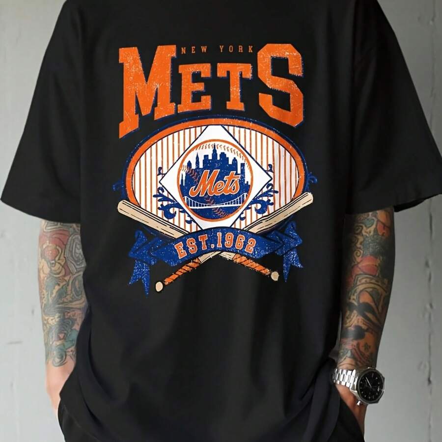 New York Mets Baseball Logo T - Shirt, Black Crew Neck With Bold Orange 'METS' & 'NEW YORK' Text, EST. 1962 City Skyline & Bats Graphic, Casual Soft Tee For Fans - Perfect For Baseball Enthusiasts & Game Day Wear-100% Cotton Vintage Black Graphic Tees Men Casual Summer Tops - 黑色 - 查看 1