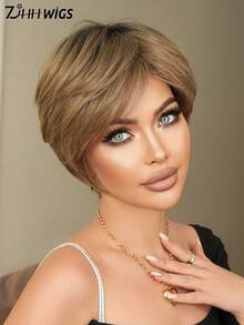 7JHH WIGS 8 Inch Mom Elf Cut Short Bob Brown Wigs With Curtain Bangs - Dark Roots Natural Looking Heat Resistant Synthetic Hair For Daily Wear & Costumes Cosplay & Everyday Style (Tangle-Free, Lightweight) - 鏽棕色 - 查看 5