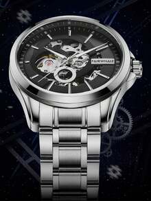 1 pieza Reloj automático mecánico de esqueleto para hombre, correa de acero inoxidable, resistente al agua 30M, reloj de pulsera casual de negocios, cristal recubierto FW-6140 - Unitalla - Ver 6