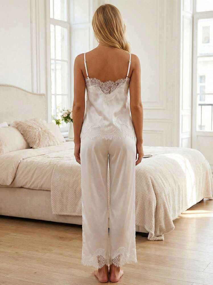 Women's Silk Satin Lace Pajamas Sleeveless Pjs Set 2 Piece Lace Trim Square Neck Spaghetti Strap Cami And Pants Loungewear Sleepwear - 白色 - 查看 6