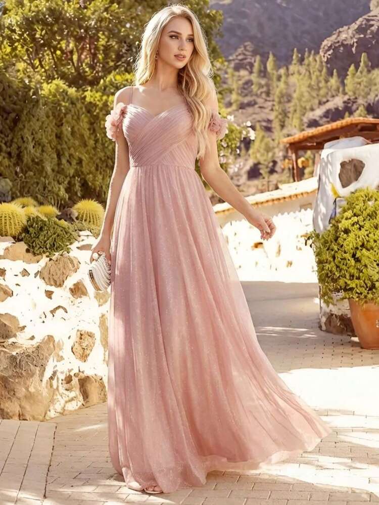 Elegant Floral Off-Shoulder Design Pink Bridesmaid Dress, Spring/Summer  Wedding Guest Party Vacation Dress - Product Video