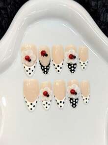 10Pcs Artificial Nails French Flower Nail Tips With Polka Dot Design For Party And Daily Use - Multicolor - View 1