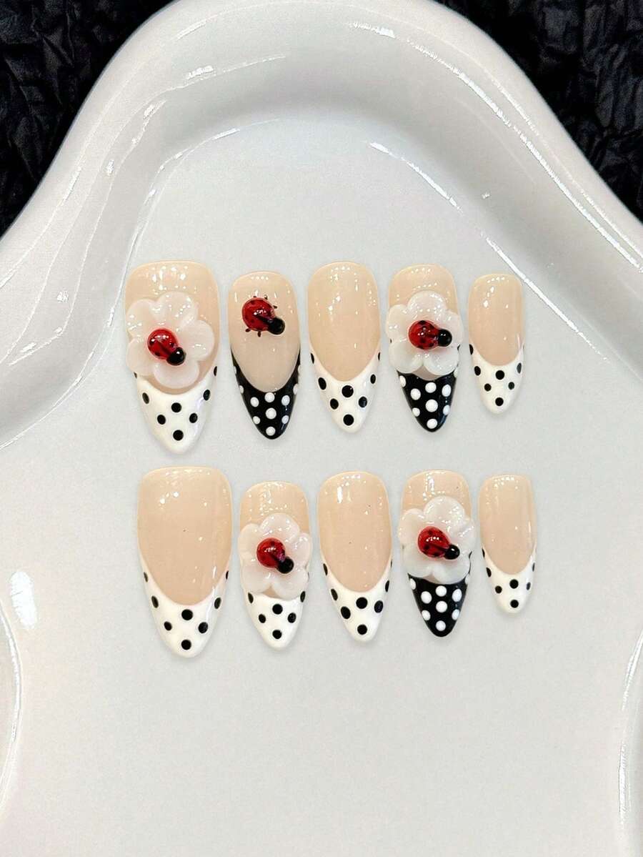 10Pcs Artificial Nails French Flower Nail Tips With Polka Dot Design For Party And Daily Use - Multicolor - View 1