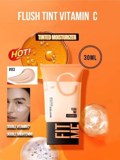 Maybelline FIT ME FLUSH 亮采润色保湿霜 2X 维他命 C #03 自然色调 5/30ml，双倍维他命 C² 双倍提亮，8 维改善肤质，蕴含三重精华（玻尿酸 24 小时保湿、维他命 C 提亮、烟酰胺均匀肤色），打造自然裸肌光泽，显著的前后对比效果，3 步轻松涂抹（温热-按压-轻拍），提亮肤色，适合日常保湿提亮，是日常护肤和妆前打底的必备品。