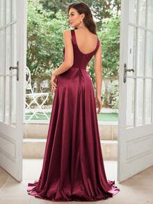 1950年代复古网纱拼接开衩大腿缎面鸡尾酒会礼服 - 酒紅色 - 查看 2