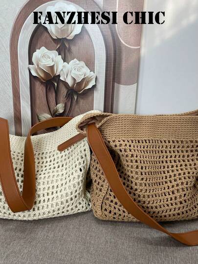 Large-Capacity Popular New Women's French Lazy Style Single-Shoulder Tote Bag, Simple Hollow Design. The Large-Capacity Interior Single-Shoulder Bag Features A Hollow Woven Design And A Stylish Look. It Uses A Magnetic Snap Closure, And The Top Single-Shoulder Strap Allows It To Be Carried On The Shoulder Or By Hand. The Interior Can Hold Daily Items Such As Lipstick, Keys, And Cosmetics. Suitable For Shopping, Traveling, Business Trips, Office, And Other Occasions For Women.