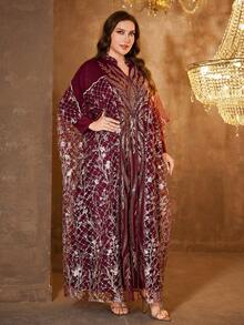 UNITHORSE Women V-Neck Long Sleeve Belted Sequin Mesh Dress - Burgundy - View 5