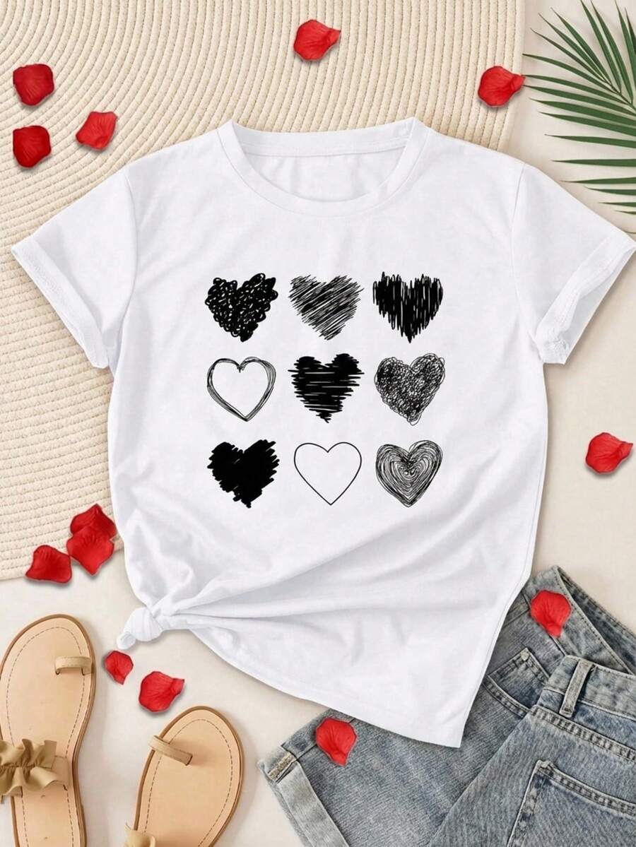 Mujer casual blusa urbana artístico corazón múltiple estampado blanco tela suave diseño holgado cuello redondo manga corta primavera verano uso diario y reuniones blusa - Blanco - Ver 1