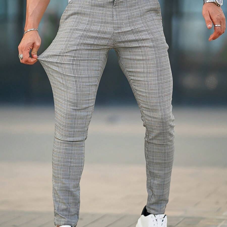 Men'S Skinny Administrative Suit Trousers | Comfortable And Soft Medium Stretch Plaid Pants With Pockets, Ideal For Weekend Casual And All-Season Wear - [多色的] - 查看 1