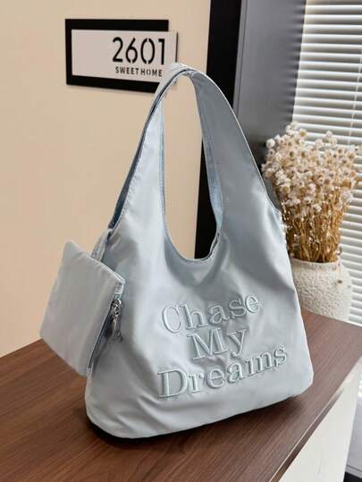 Túi tote thêu chữ phong cách tối giản, túi đeo vai đa năng dung tích lớn, túi xách hai ngăn tiện dụng, thích hợp cho mua sắm, đi làm, du lịch và sử dụng hàng ngày như một phụ kiện.