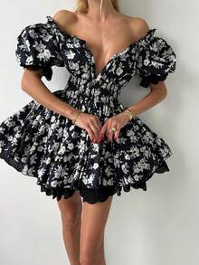 Women's Spring/Summer Ditsy Floral Sexy Romantic Elegant Off-Shoulder Lace Patchwork Contrast Color Tie Strap Mini Dress, Suitable For Daily Outing, Dating, Commuting, Holidays, Parties, Street Photography And Various Occasions Vacation - Multicolor - View 6