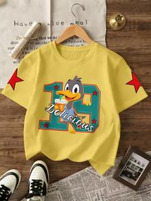 1pc Casual Cartoon Duck & Number/Letter Print T-Shirt For Teenage Girls, Soft Round Neck Short Sleeve Top, Suitable For Spring/Summer Street Style, Outdoor Activities, School, Shopping, Etc. - Yellow - View 2