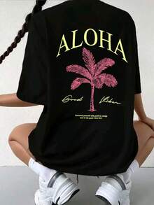 Camiseta de manga corta de verano para mujer, camiseta holgada de talla grande, tela de punto de algodón, estilo de moda callejera - Negro 2 - Ver 3