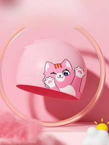 1顶硅胶学生青少年防滑泳帽，可爱卡通猫咪图案，简约粉色系列，速干气质帽 - 多色 - 查看 8