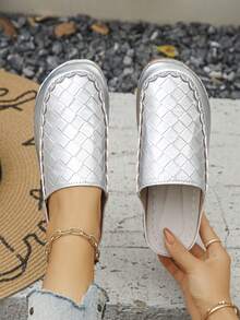 Plus Size Women's Summer New Fashion Casual Wine Red & Black Patchwork Round Toe Platform Thick Bottom Slip-On Sandals, Comfortable Daily/Beach Wear - Silver Diamond Pattern - View 3
