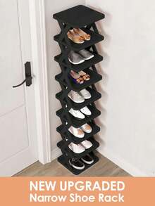 9/6 Tier Vertical Shoe Stand Space Saving Narrow Shoe Rack, Small Shoe Shelf, DIY Free Standing Shoes Storage Organizer For Entryway, Closet, Hallway, Easy Assembly And Stable In Structure, Black & White, Plastic Material, Consumables - 黑色 - 查看 3