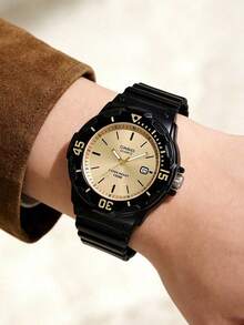 Casio Luxury Black Gold Quartz Watch, Fashionable Round Dial With Date Display, Soft Resin Strap Unisex Casual Business Wristwatch - Gold - View 1