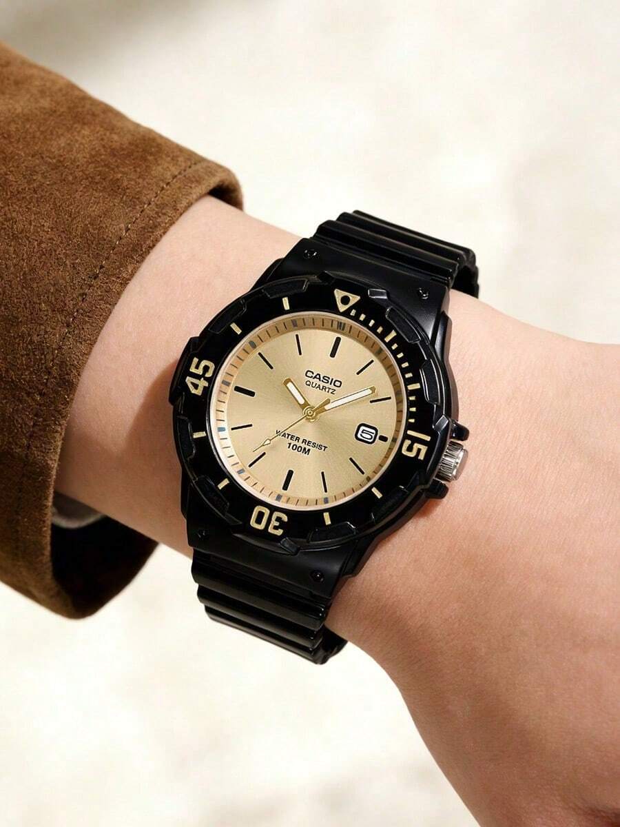 Casio Luxury Black Gold Quartz Watch, Fashionable Round Dial With Date Display, Soft Resin Strap Unisex Casual Business Wristwatch - Gold - View 1