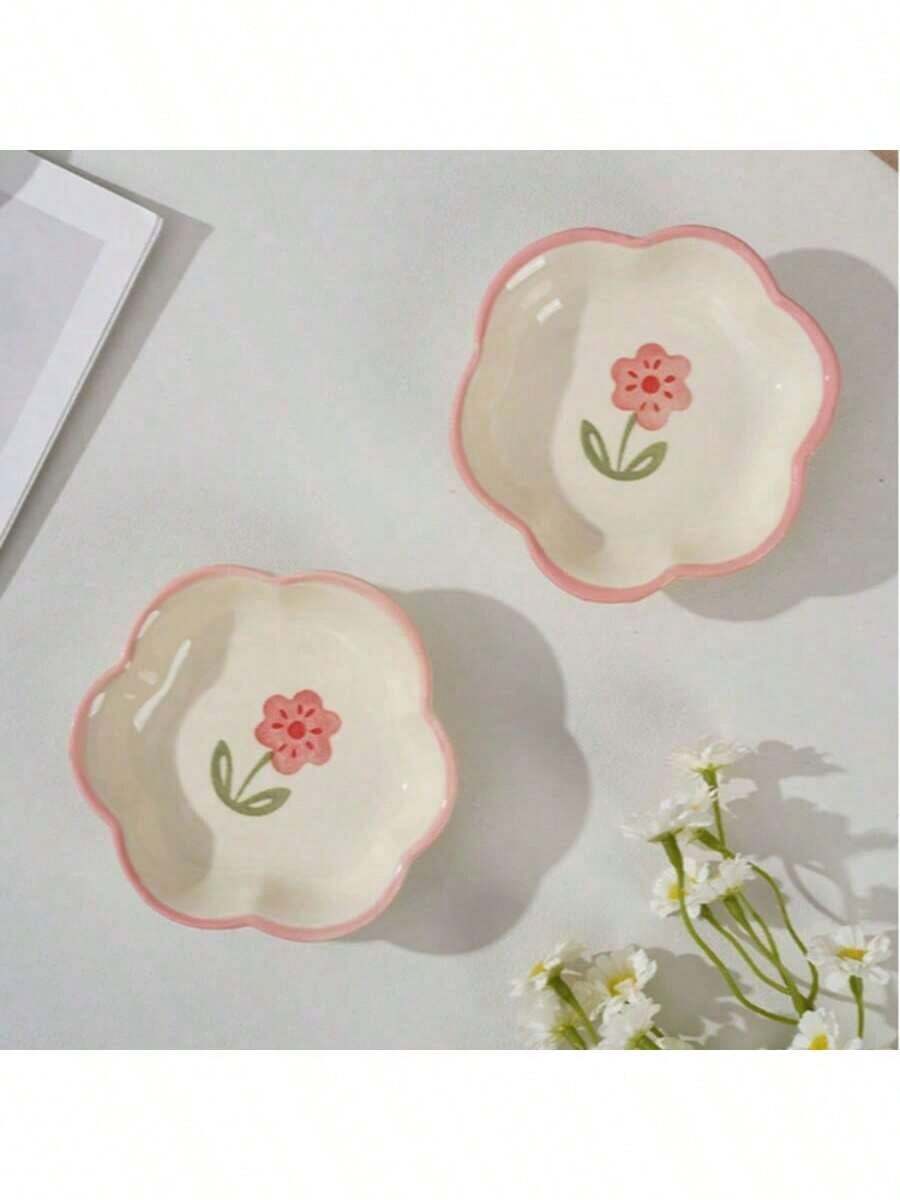 4件套可爱花卉图案陶瓷蘸酱碟，手绘釉面，家用调味碟，小碟，优雅蘸酱碗，复古餐具，适用于厨房、客厅、餐厅、酒店，厨房配件，馈赠亲朋好友的完美礼物 - 彩色 - 查看 1