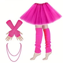 Conjunto de 4 piezas de estilo de los 80 para mujer, que incluye falda abullonada, guantes neón y collar, adecuado para celebraciones retro de los 80 - Multicolor - Ver 9