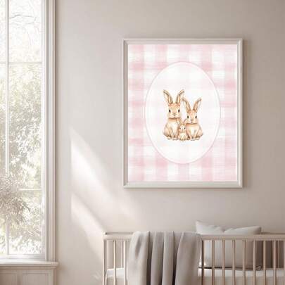 1pc Frameless Bunny Family Pink Plaid Wall Art Watercolor Rabbit Print Easter Decor Cute Illustration Vintage Chic Room Decor Minimalist Posters For Wall Funkyposters Dorm Essentials College Room Gift For Bedroom, Living Room, Apartment Spring Home Decoration