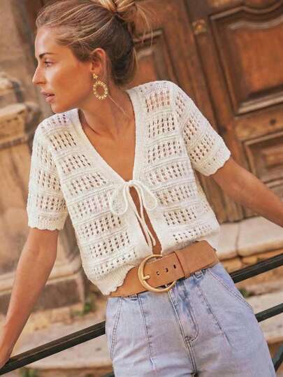 Women's Openwork Knit Breathable & Skin-Friendly, Tie-Front Design Versatile, Cropped Length Proportion-Flattering | French Vacation Casual Vibe, Ideal For Market Strolls, Cafe Visits & Coastal Getaways | White Openwork Knit Tie-Front Cropped Cardigan