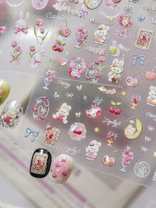 1 miếng dán móng tay hình thỏ trắng, quả anh đào, táo, nơ, khung ảnh, lấp lánh, tự làm, miếng dán móng tay. - Nhiều màu - Xem 7