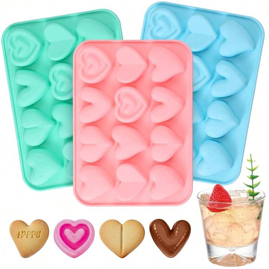 3 Pcs Heart Shaped Silicone Molds Nonstick Heart Chocolate Muffin Molds For Galentine Valentine's Day Candy, Brownies, Tartlets, Soaps, Pudding, Dessert BaFKing(Large,12 Holes,Pink,Blue,Gre1en) - 粉紅色大號 - 查看 1