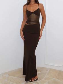 性感透视网纱拼接不对称镂空露背紧身连衣裙，多种颜色可选，适合春季婚礼穿着 - 棕色 - 查看 2