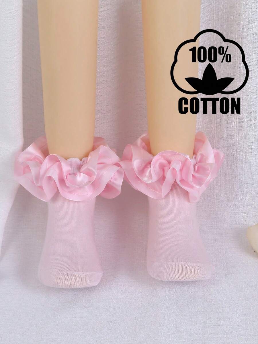 1 par de calcetines de algodón para niñas bebé con gran volante de encaje, calcetines de princesa de baile de encaje 3D - Rosa Fucsia - Ver 1
