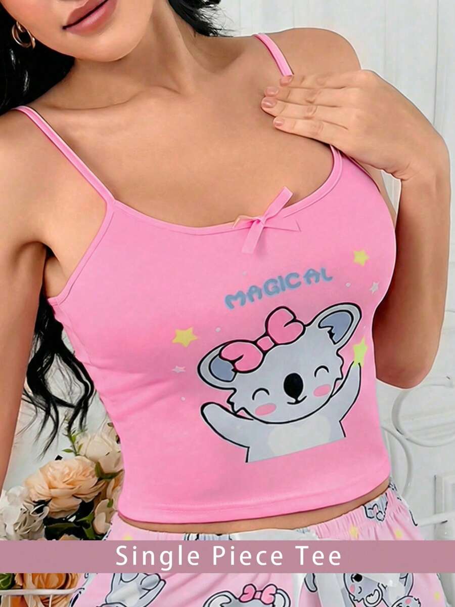 可爱考拉印花舒适女士睡衣上衣 - 粉色 - 查看 1