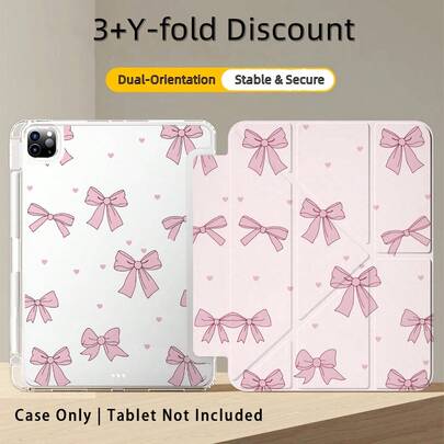1pc 3+Y-Fold Tablet Case, Pink & Purple Bow & Heart Pattern, Multiple Support Methods, Compatible With Huawei MatePad SE 11", MatePad 11 Inch, MatePad Pro 12.2 2024, Honor Pad X9A 2025, Honor Pad 9, Honor Pad X9 Pro 2025, Pad 6, Pad SE 11", Pad 2 Pro 12", Pad 2 11", Galaxy