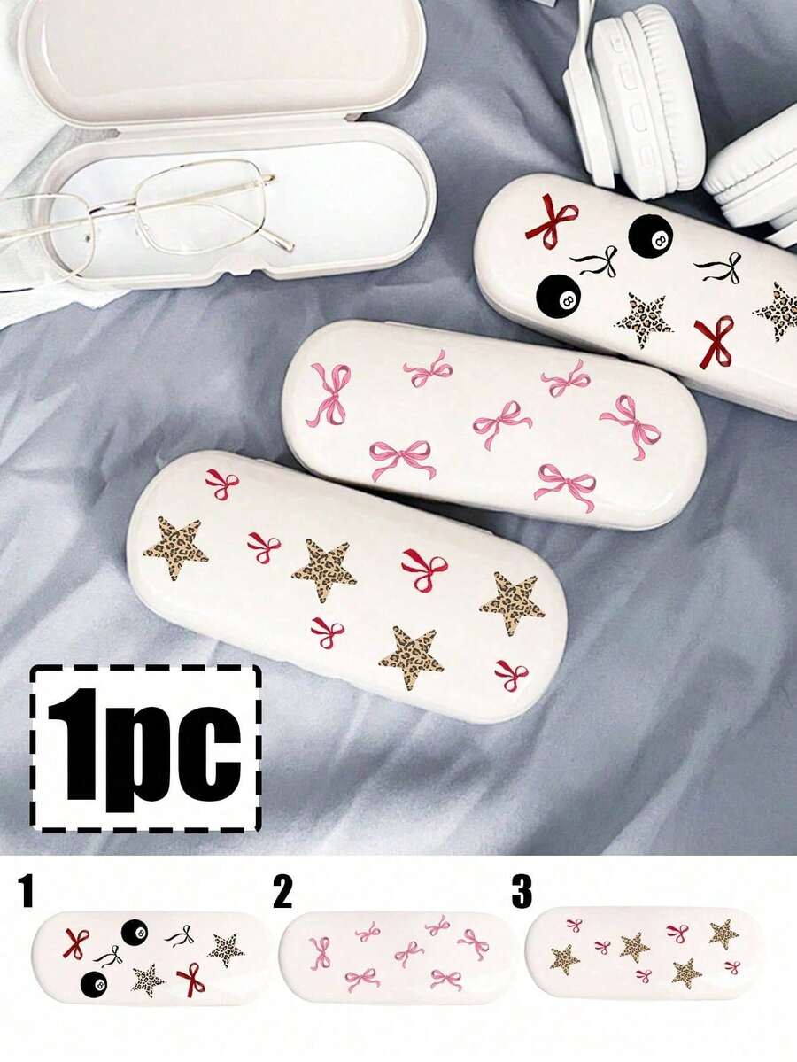 时尚蝴蝶结印花眼镜盒，眼镜收纳盒，女士硬壳可爱蝴蝶结眼镜盒，便携式时尚眼镜收纳盒，多功能收纳盒，优雅女士配饰收纳盒，时尚配饰，塑料材质，防水防污，适用于收纳眼镜、数据线、钥匙、笔、便签等，春夏礼物，毕业礼物，朋友礼物，友情礼物，生日礼物，母亲节礼物 - 彩色 - 查看 1