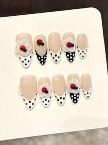 10Pcs Artificial Nails French Flower Nail Tips With Polka Dot Design For Party And Daily Use - Multicolor - View 4