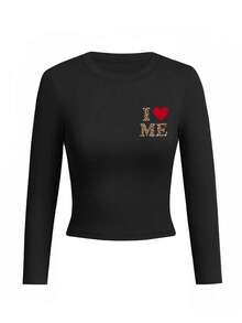 两件套女士圆领长袖T恤套装，美式辣妹风格，新款豹纹印花和字母图案，适合春秋季节，时尚百搭修身短款上衣 - 白色+黑色 - 查看 5